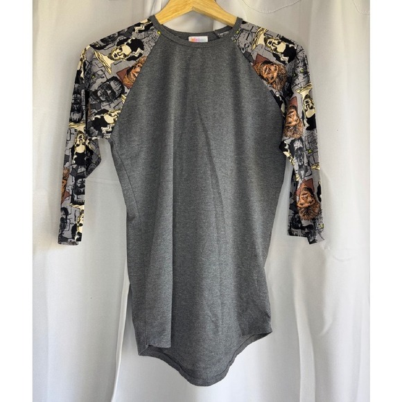 NWOT‎ RARE LuLaRoe Dark Gray Baseball Tee Monster Print 3/4 Sleeve Top XS - Picture 1 of 5